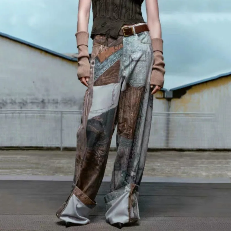 ANJY Autumn New Women American Retro Streetwear Patchwork Printed Jeans Casual Trendy Original Design Straight Denim Pants A7170
