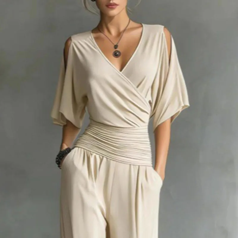 Sexy V Neck Ruched Waist Long Jumpsuit for Woman Spring Solid Pocket Casual Pants Romper New Summer Short Sleeve Hollow Overalls