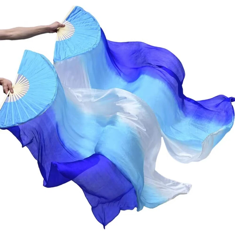 Women Chinese Real Silk Belly Dance Fan Veils Hand Made Dyed Belly Dance Veil Pure Natural Silk Fan