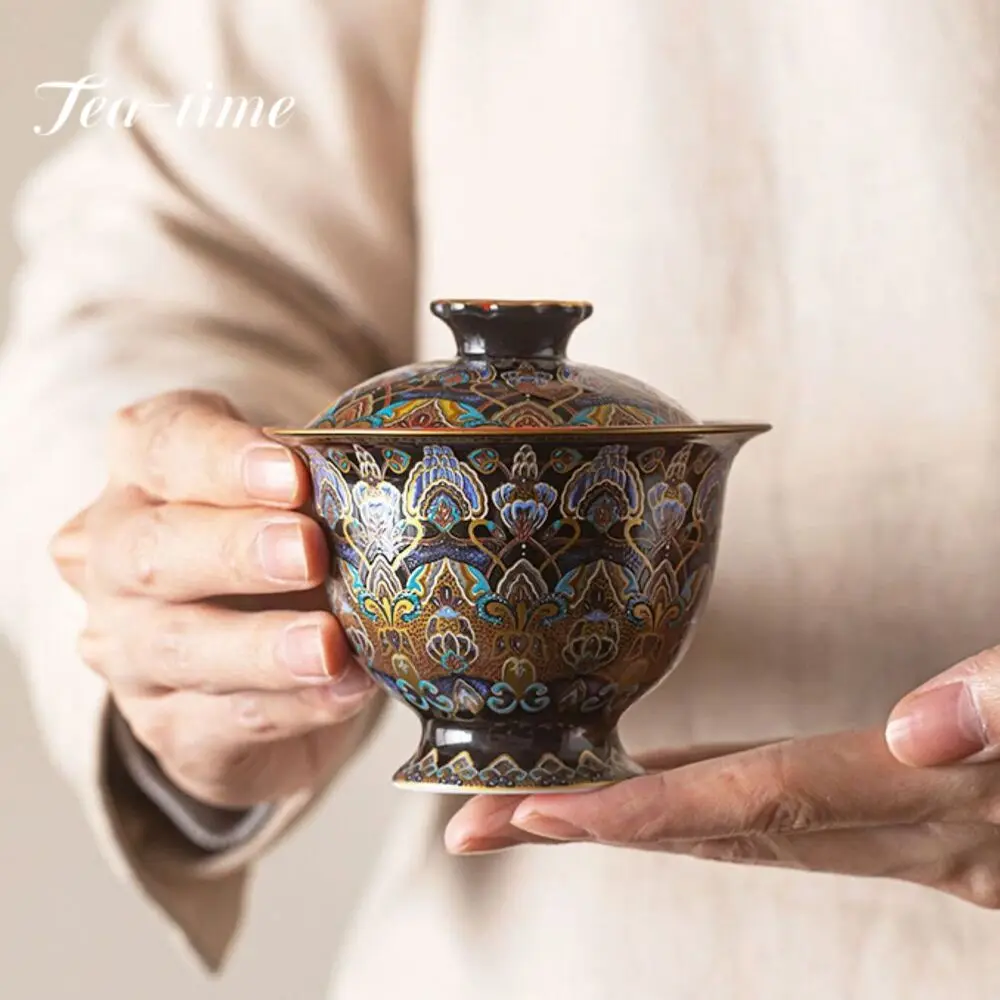 150ml Chinese Enamel Colored Gaiwan Ancient Hand Grasping Bowl Tea Lid Set Tea Tureen Tea Maker Cover Bowl Tea Items Ornaments