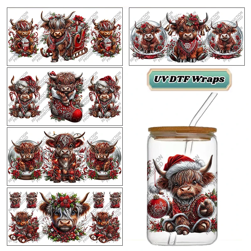 Christmas Santa Hat Highland Cow UV DTF Transfer Wraps Easy Apply Fade Proof for 16oz Glass Jar DIY Cup Stickers