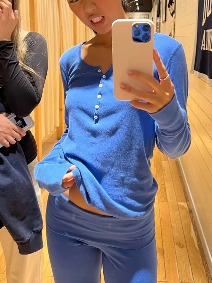 

Six Buttons Royal Blue Long Sleeve T-shirts Women Autumn O-neck Cotton Slim Tee Tops New Preppy Style Solid Simple Basic Tshirts