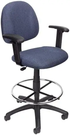 Contemporary Rolling Fabric Drafting Stool, Adjustable Height with Arms, Blue Finish, Contoured Back and Seat, Chrome
