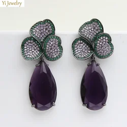 Wedding Party Luxury Jewelry Earrings for Women Zircon Dark Purple Water Drop Flower Dangle Earrings Female Gift Wife