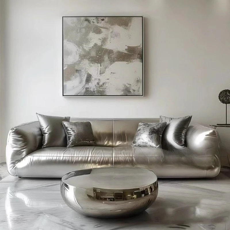 Minimalist future punk style niche designer studio store lobby silver pearlescent leather sofa