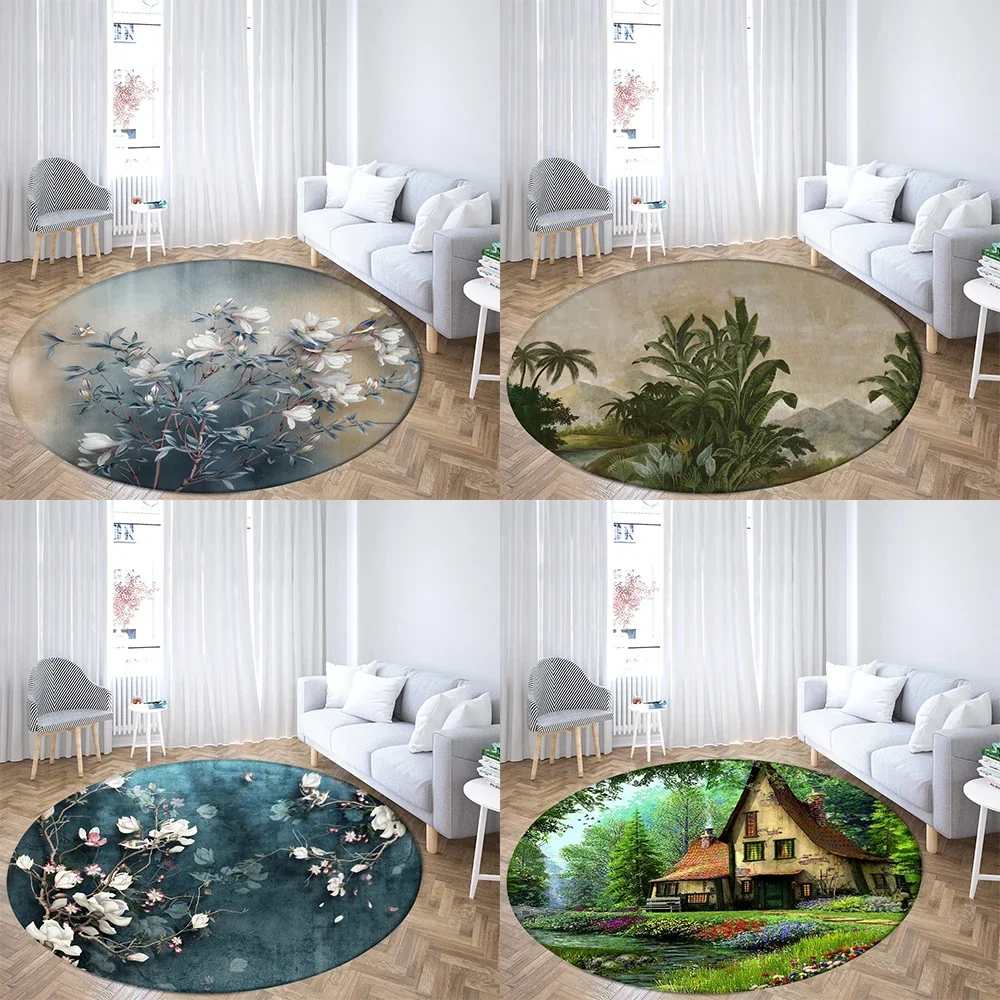 Tropical plant leaves round carpet flower house sofa carpet home decoration living room bedroom bathroom non-slip floor mat