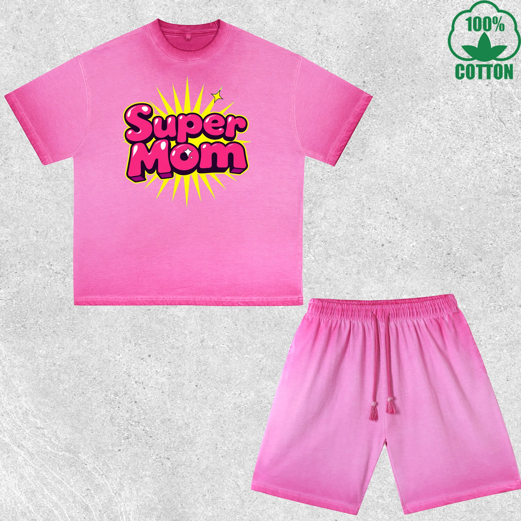 

Super Mom Printed Dirty Wash T-Shirt Shorts Set Multicolor Combo Loose Trendy Fashionable 100%Cotton Short Value Pack