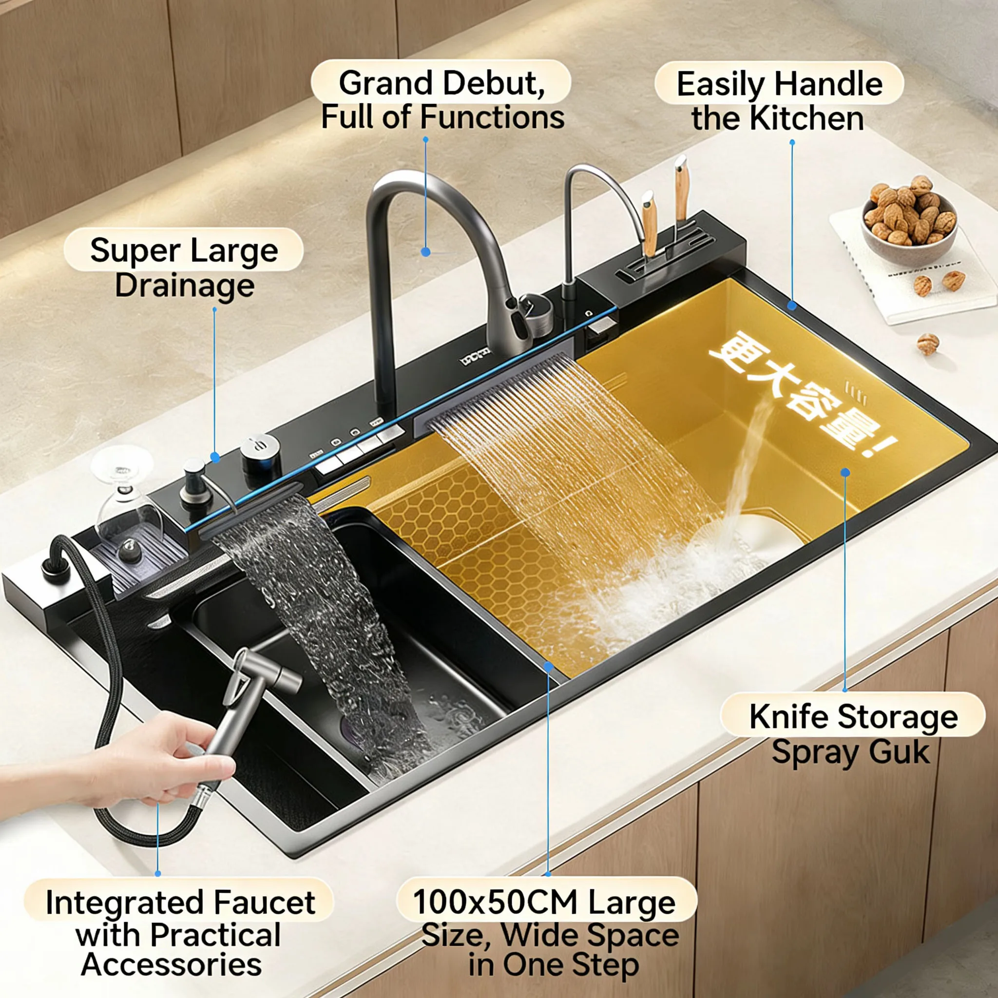 Stainless Steel Waterfall Kitchen Sink Embossed Large Single Slot Household Vegetable Basin Dishwashing Sink Left Side Drainage