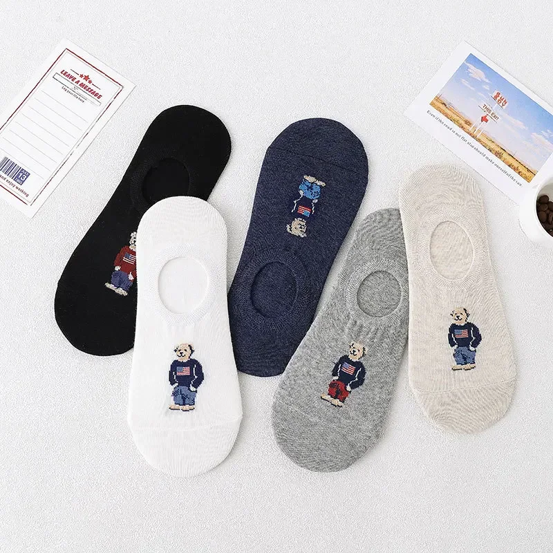 5pair/lot Fashion Men\'s Boat Socks Cartoon Bear Summer Autumn Non-slip Invisible Silicone Cotton Ankle Slippers Retro Stripe Men