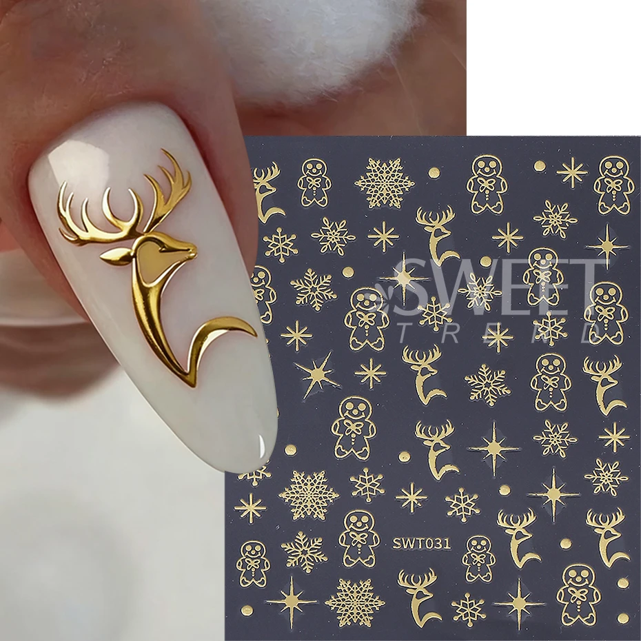 3pcs Kerst Nagelstickers Rose Goud Zilver Sneeuwvlokken Rendier Peperkoek zelfklevende Decals Manicure Decoratie Slider