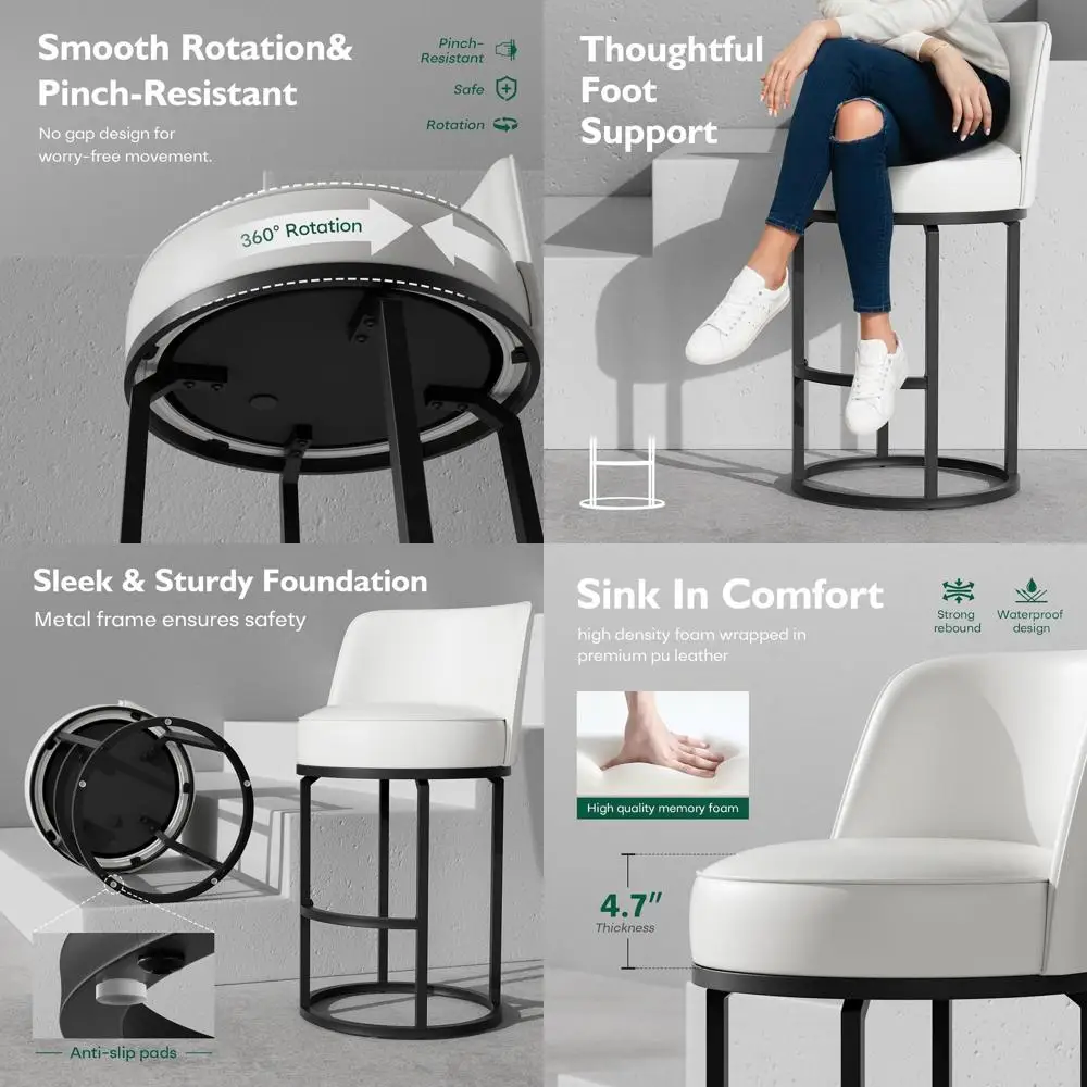 

Set of 4 White 26 Swivel Leather Bar Stools with Backs for Counter Height, Round Base, Suitable for Kitchen Island