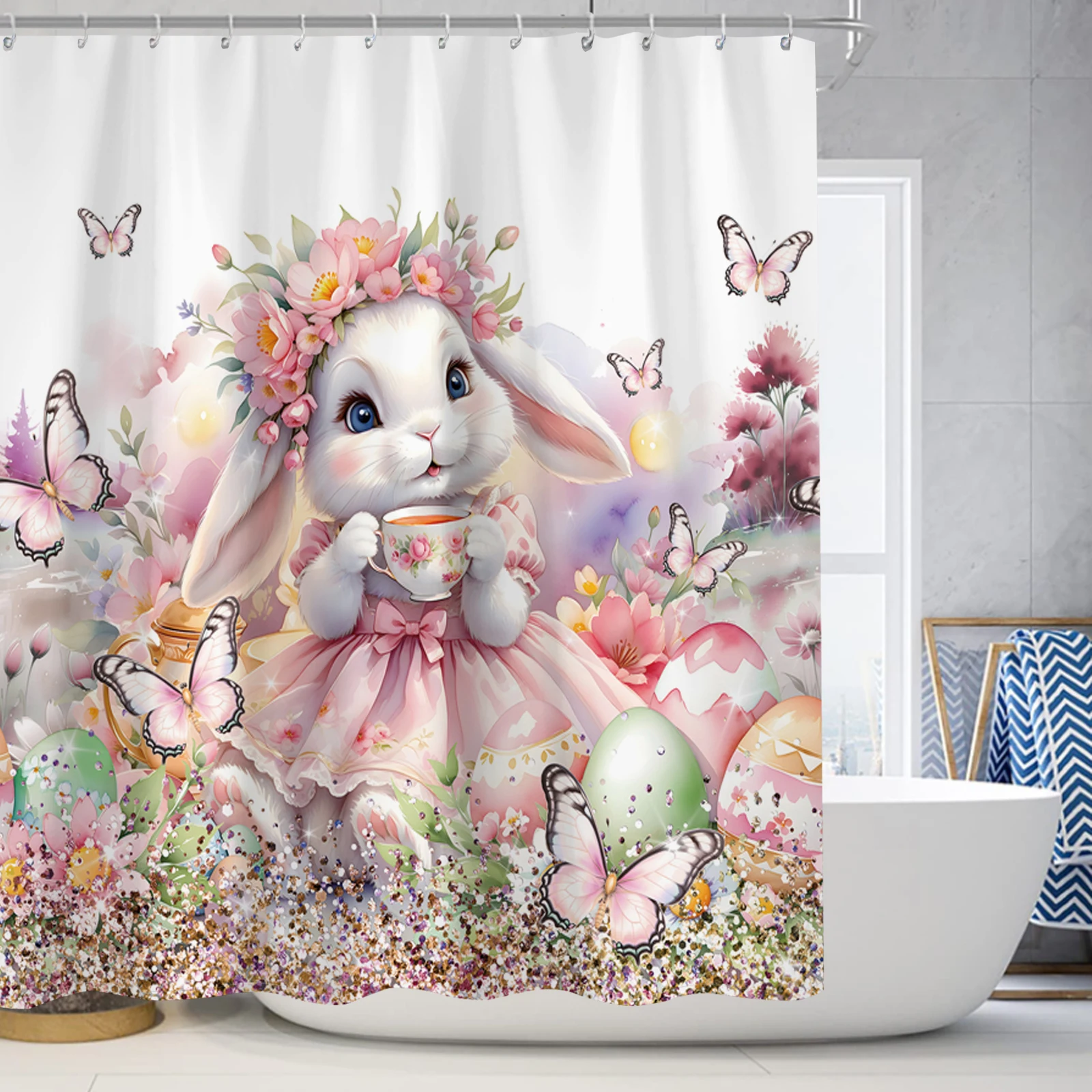 Floral Small Animal Print Shower Curtain Waterproof Design Polyester Home Decoration Bathroom Curtain With Hook