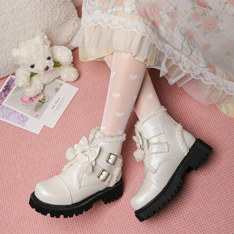 LOlita Zapatos Estudiante Arco Lindo Kawaii Zapatos Negros Botas de Plataforma Alta Bota de Cuero de Cabeza Redonda