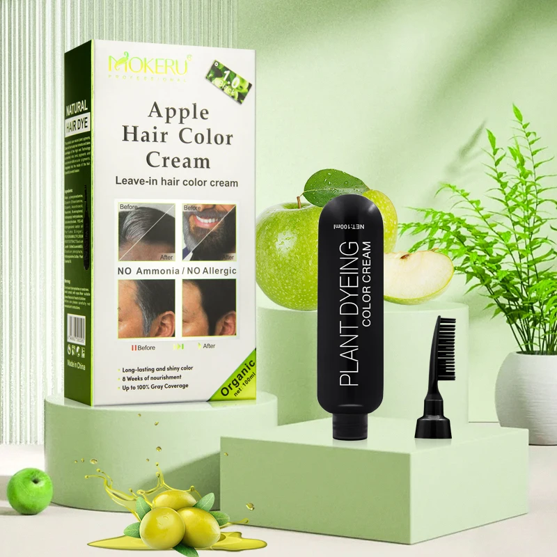 

MOKERU Apple Hair Color Cream Leave-in hair color cream Up to 100% Gray Coverage also dye beard black 100ml