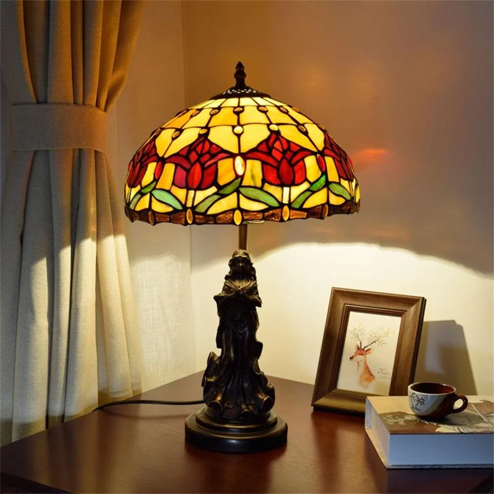 

FUMAT Tiffany Retro Red Tulip Stained Glass Table Light Angel Base Luxury Decoration Living Room Dining Room Bedroom Table Light