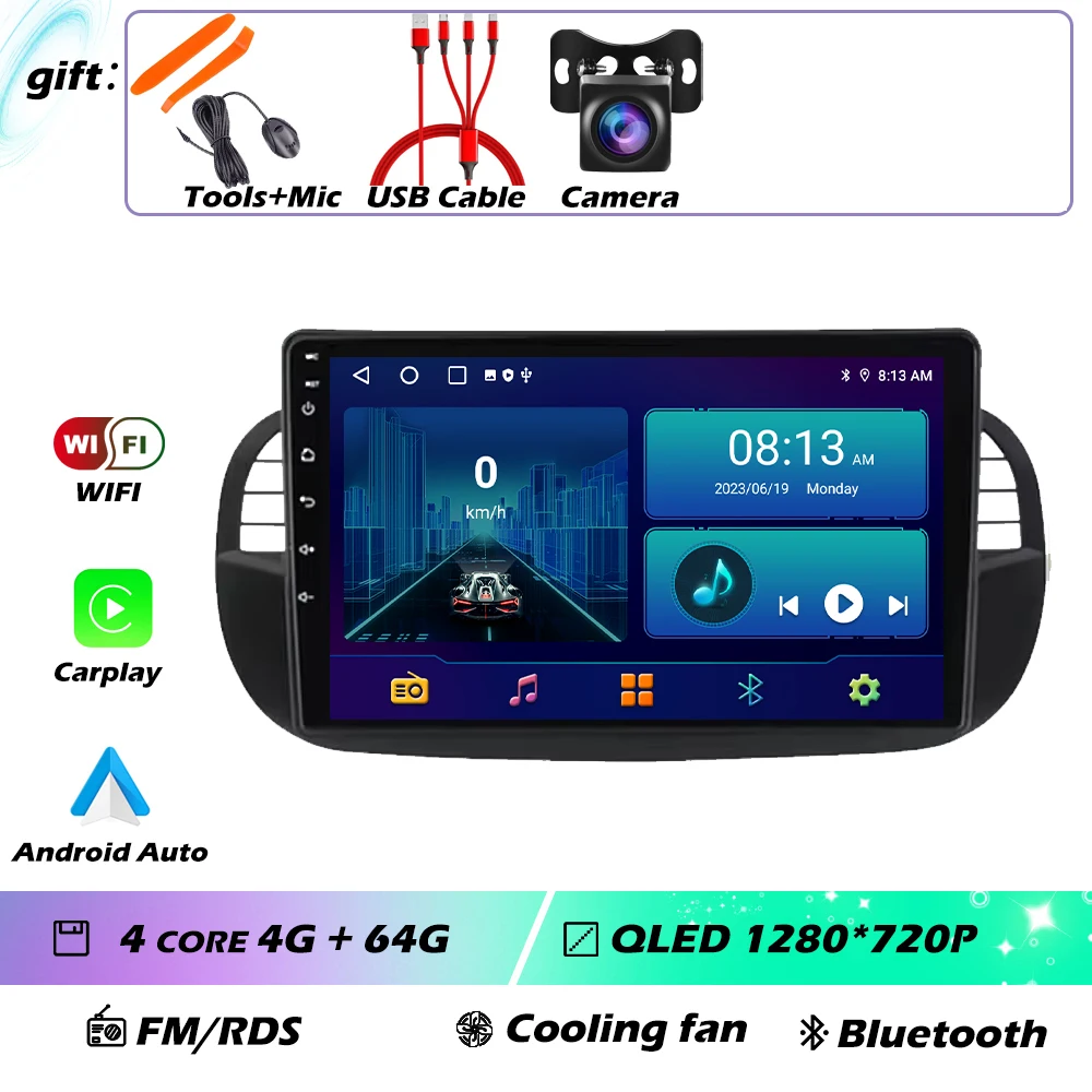 9 ''Android 16 Autoradio Stereo voor Fiat 500 2007-2015 met GPS Navigatie Stuurbediening Multimedia Carplay auto WIFI