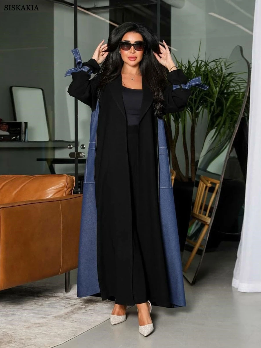 Siskakia Ramadan Denim Patchwork Abaya Fashion Bow Bundled Sleeve Kaftan Elegant Casual Clothing