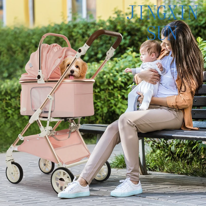 Rose Golden Aluminum Tube Dog Stroller New Luxury Lightweight Pet Stroller Detachable Folding Carrier with 4 Wheels