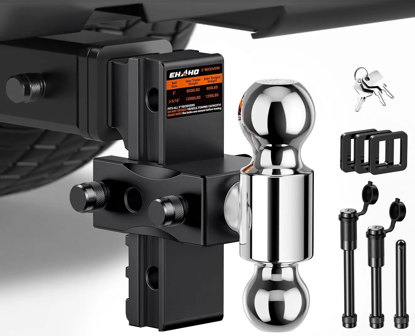 

Adjustable Trailer Hitch with 6" Drop/Rise, 12,500 LBS GTW Capacity, Waterproof & Anti-Theft Locking Pins