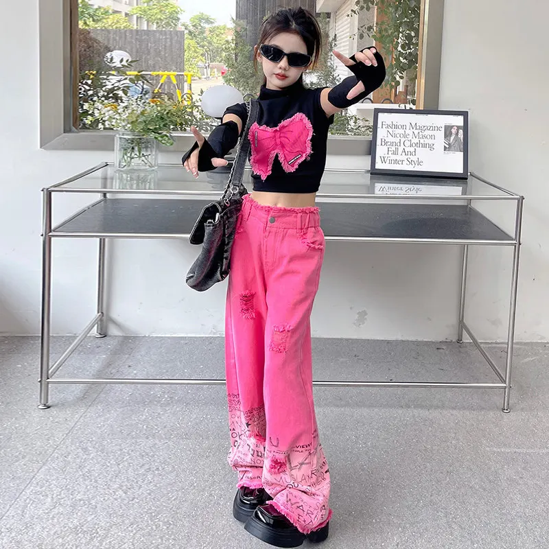 Young Girl Clothing Sets Removable Long Sleeves Butterfly Tops+Letter Gradient Wide Leg Pants Suits Fashion Hip Hop Teen Clothes