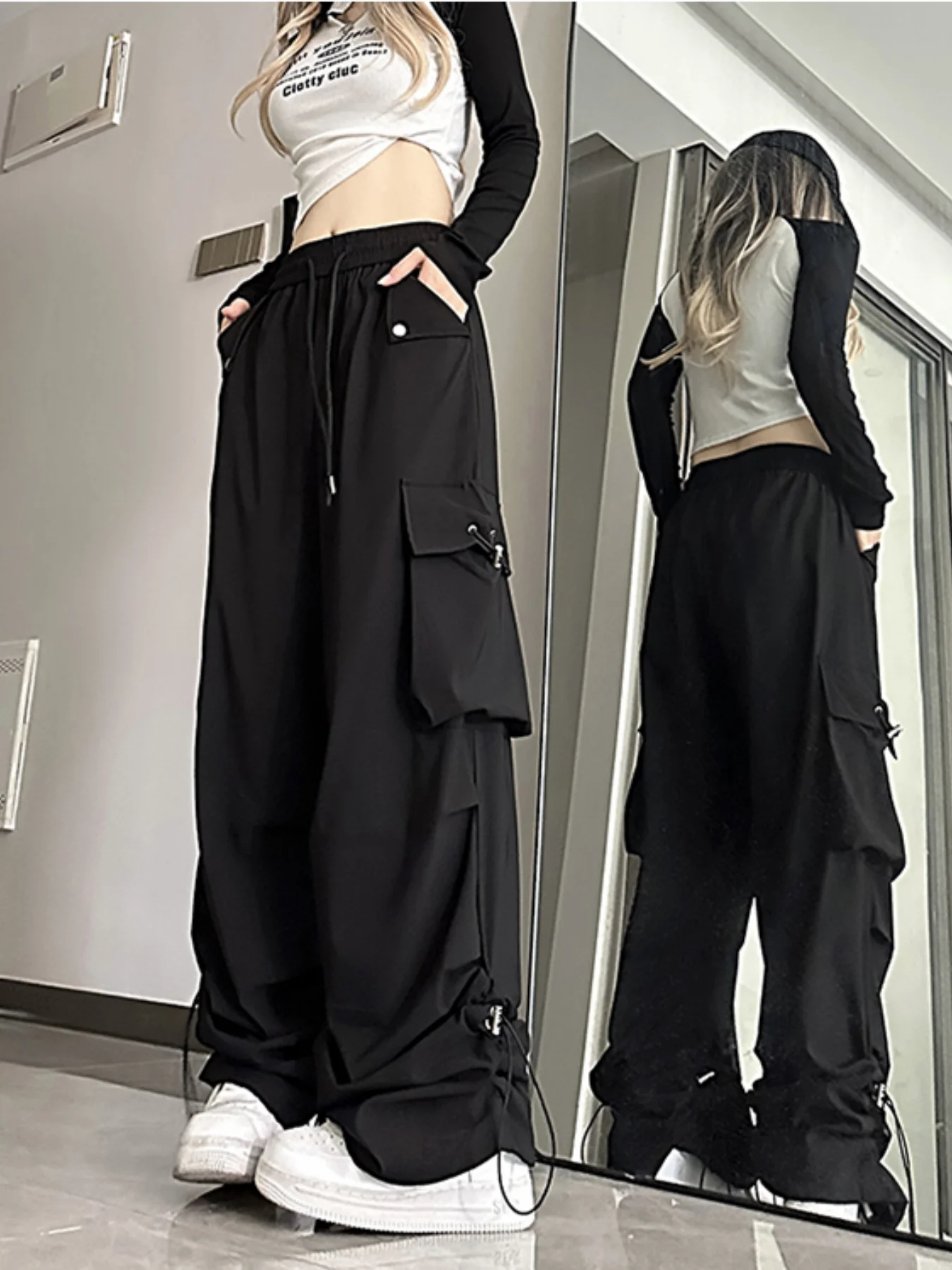 봄과 가을 신상 캐주얼 얇은 스트레이트 루즈 다용도 스포츠 와이드 팬츠 여성용 한국 스타일 신상 캐주얼 레이지 트렌디 브랜드 스포츠 롱 팬츠