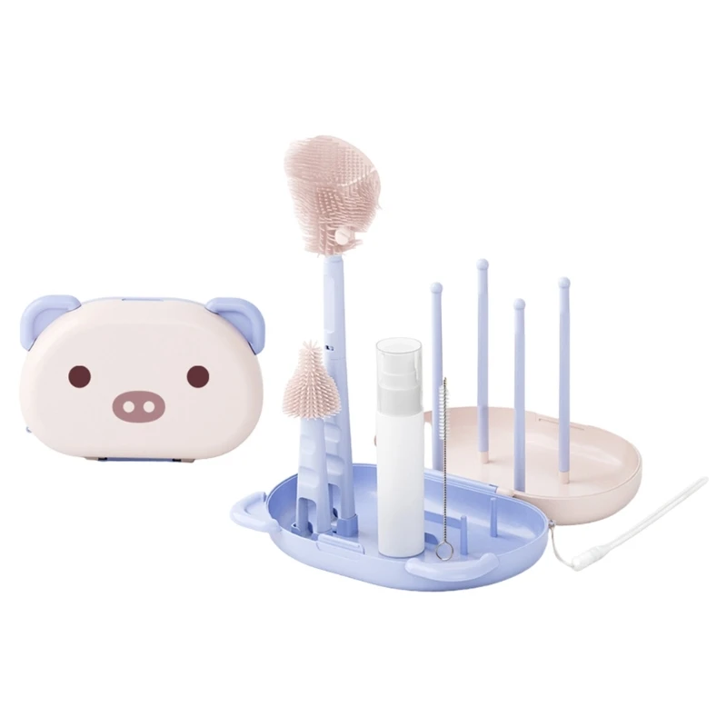 6 In 1 Baby Milk Bottle Cleaner Set Including Bottle Brush Pacifier and Straw Brushes with Drying Rack & Storage Box