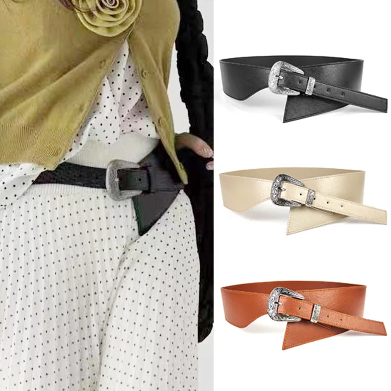 Vintage fashion carved metal needle buckle wide waist cover new design women simple irregular shirt dress belt