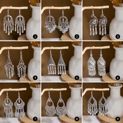 Retro Classic Boho Hollow Geometric Earrings High Grade Silver Color Tassel Dangle Ear Jewelry Party Gifts For Women Girls