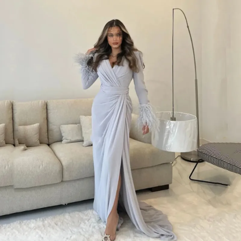 Aleeshuo Sexy V-neck Mermaid Prom Dresse Feathers Pleat Long Sleeves High Slit Evening Dress Dubai Formal Gown فساتين سهره فاخره