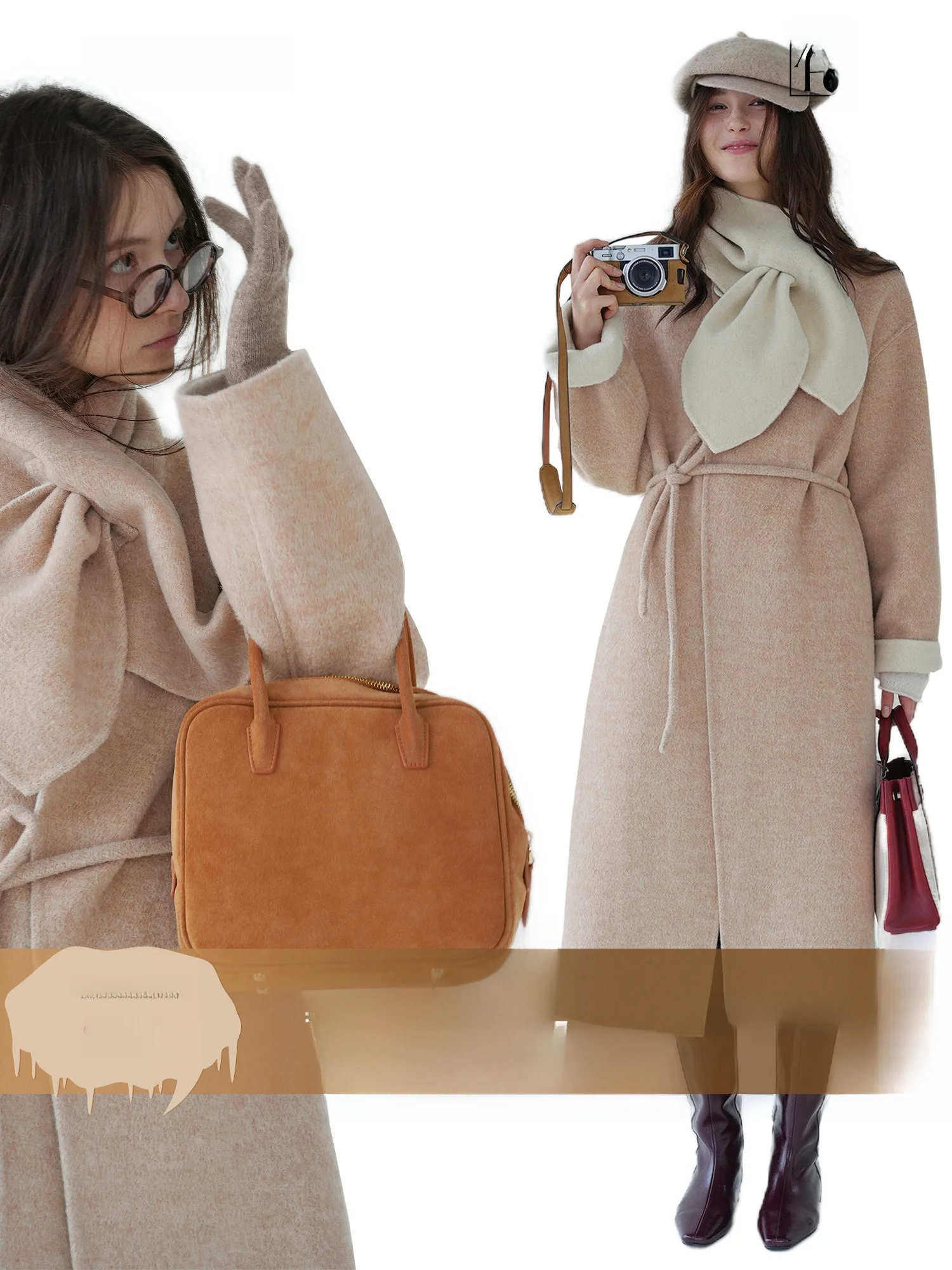 

AZHU 2024 New Pink Peach Soft Double-Faced Woolen Coat Long Sve Mid-Length Faionable Women's Woolen Outerwear
