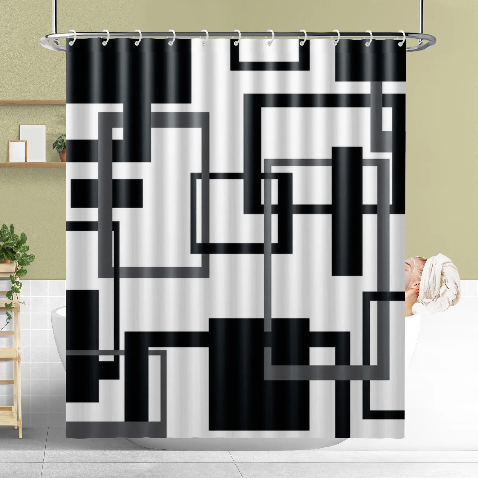 Stylish Abstract Geometric Pattern Shower Curtain with Hooks Waterproof Polyester Fabric Bathroom Home Decor Curtains Bath Room