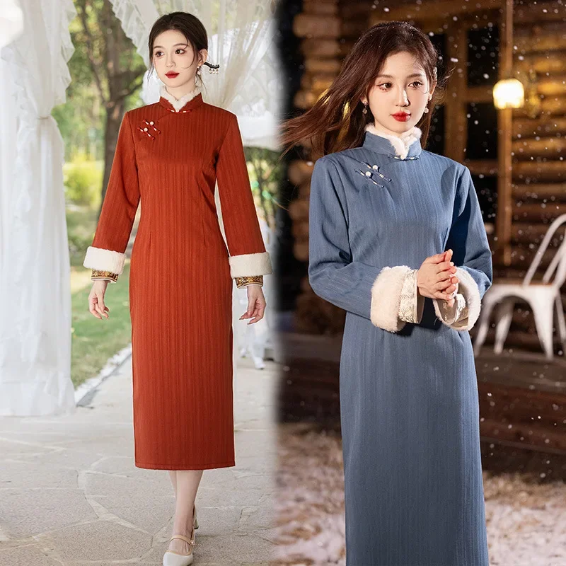 

Осенне-зимнее плотное китайское длинное стильное улучшенное платье Cheongsam для молодых женщин в стиле ретро с длинными рукавами Qipao