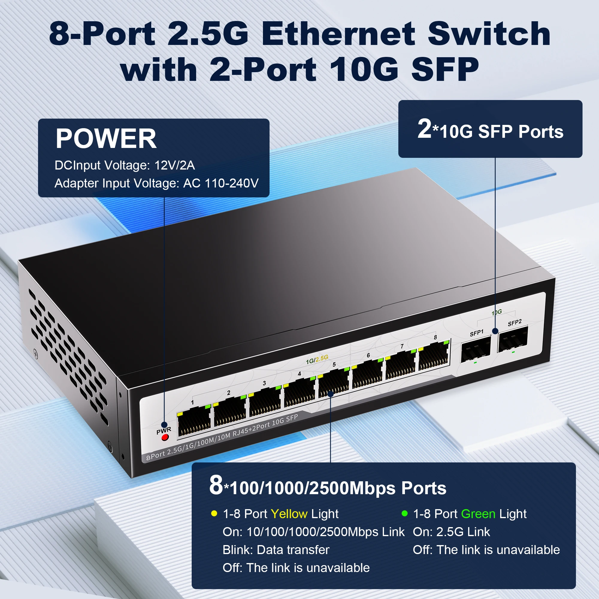 

Сетевой коммутатор 2,5G, 8-портовый разветвитель Cat Stick Gigabit LAN, концентратор 10000 Мбит/с, 2x10G SFP-переключатель для NAS