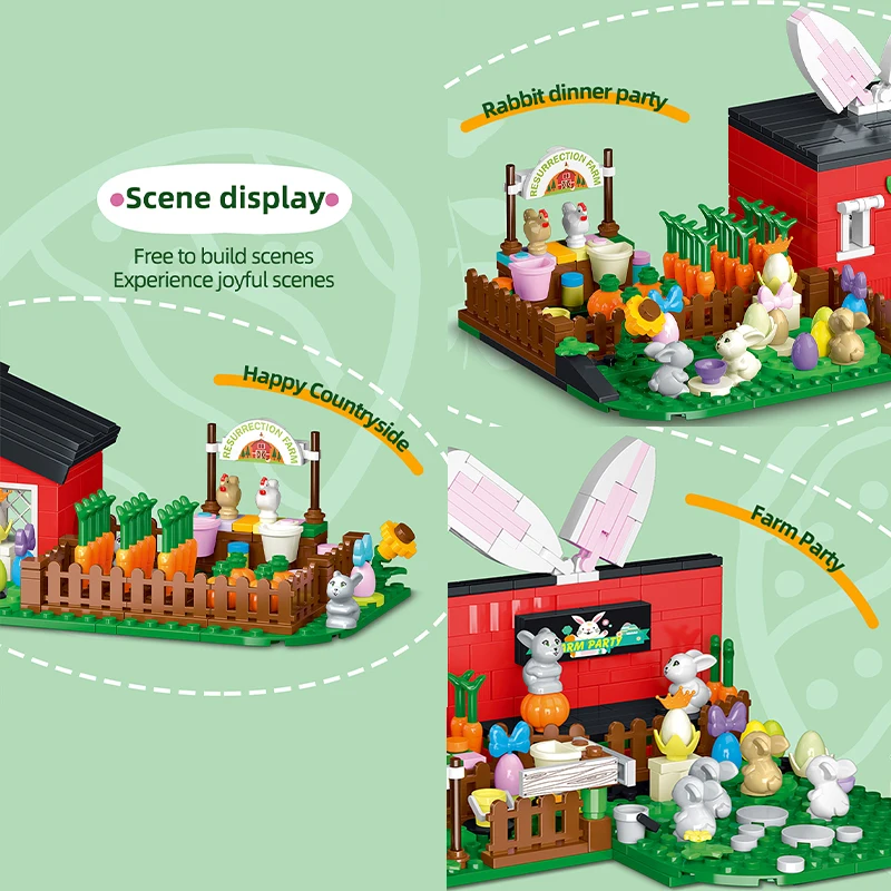 445PCS Kaninchen Bauernhof Haus Bausteine Osterhase Haus Modell Ziegel Kreative Pädagogisches Spielzeug Geschenk für Kinder Alter 6-12