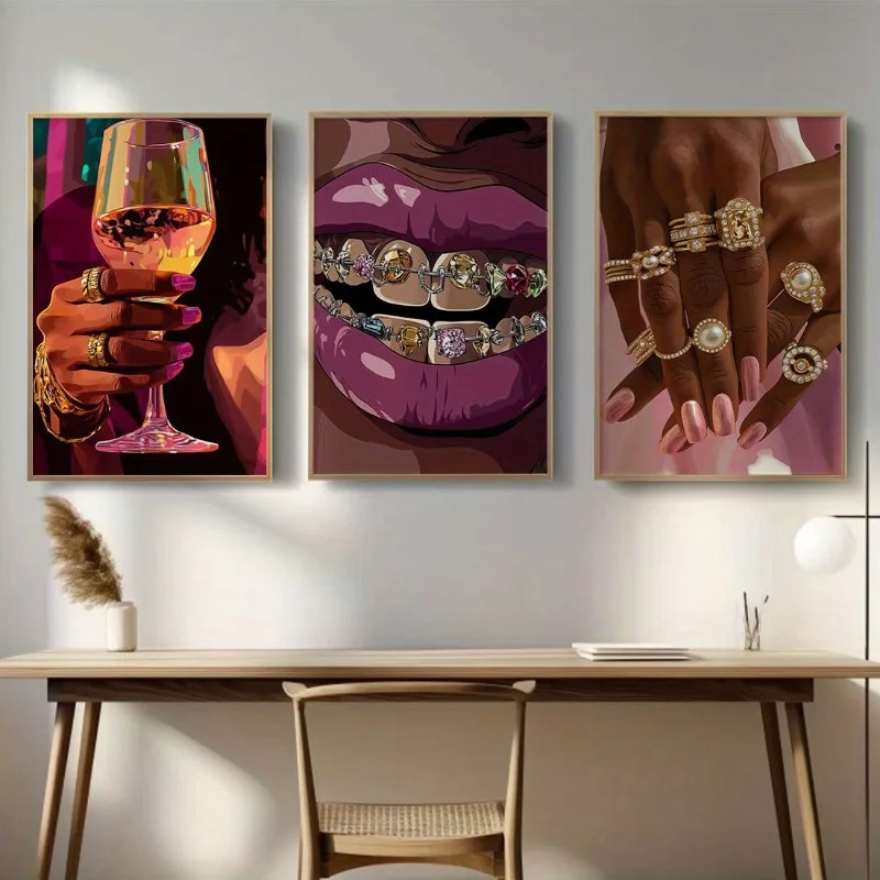 

3pcs Set Pink African Woman & Golden Jewelry Canvas Wall Art Prints - Frameless, Perfect for Living Room, Bedroom, Office Decor