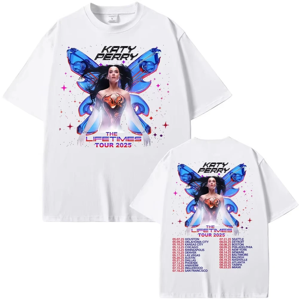 Singer Katy Perry The Lifetime Tour 2025 Camiseta gráfica de doble cara para hombre y mujer, camisetas informales acogedoras de Hip Hop a la moda, ropa de calle