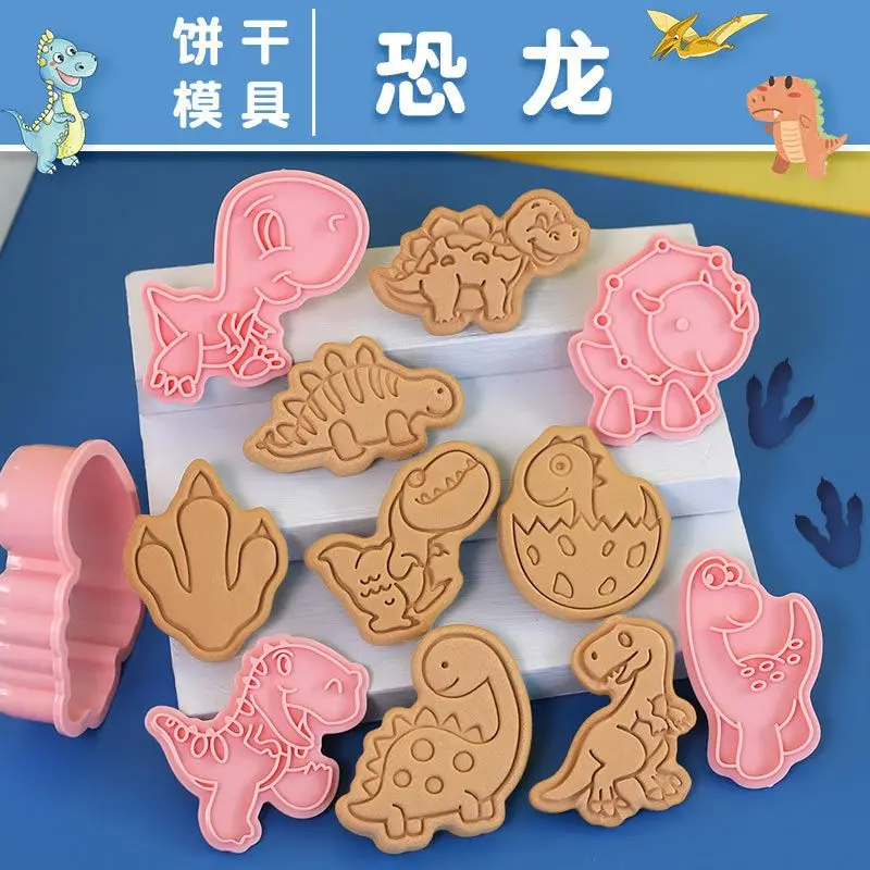 8 Pcs/set Cookie Cutter Plastic 3D Dinosaur Cartoon Pressable Biscuit Mold Cookie Stamp Kitchen Tools Baking Pastry Bakeware