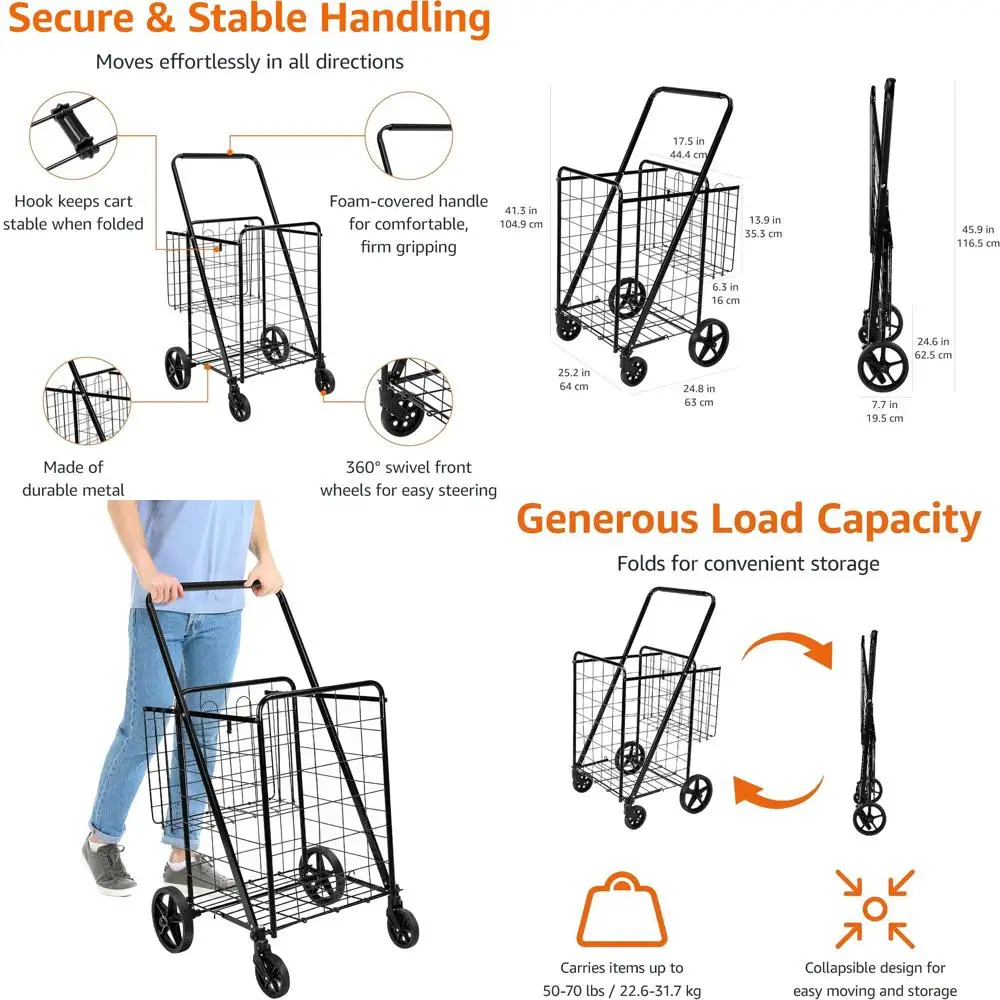 

X-Large Black Shopping Cart with 360-Degree Swivel Wheels, Simple Assembly