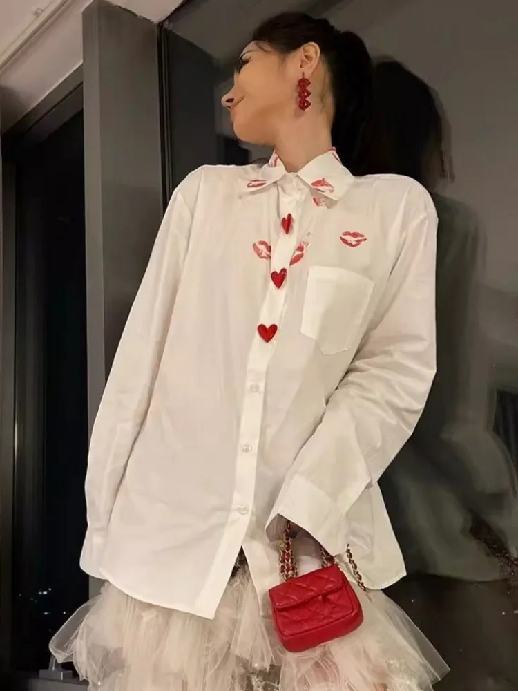 2025 เกาหลีเก๋สีขาวเสื้อผู้หญิงแขนยาวพิมพ์ทั้งหมดเสื้อ Camisas Mujer หลวม Casual Streetwear สํานักงาน Blusa