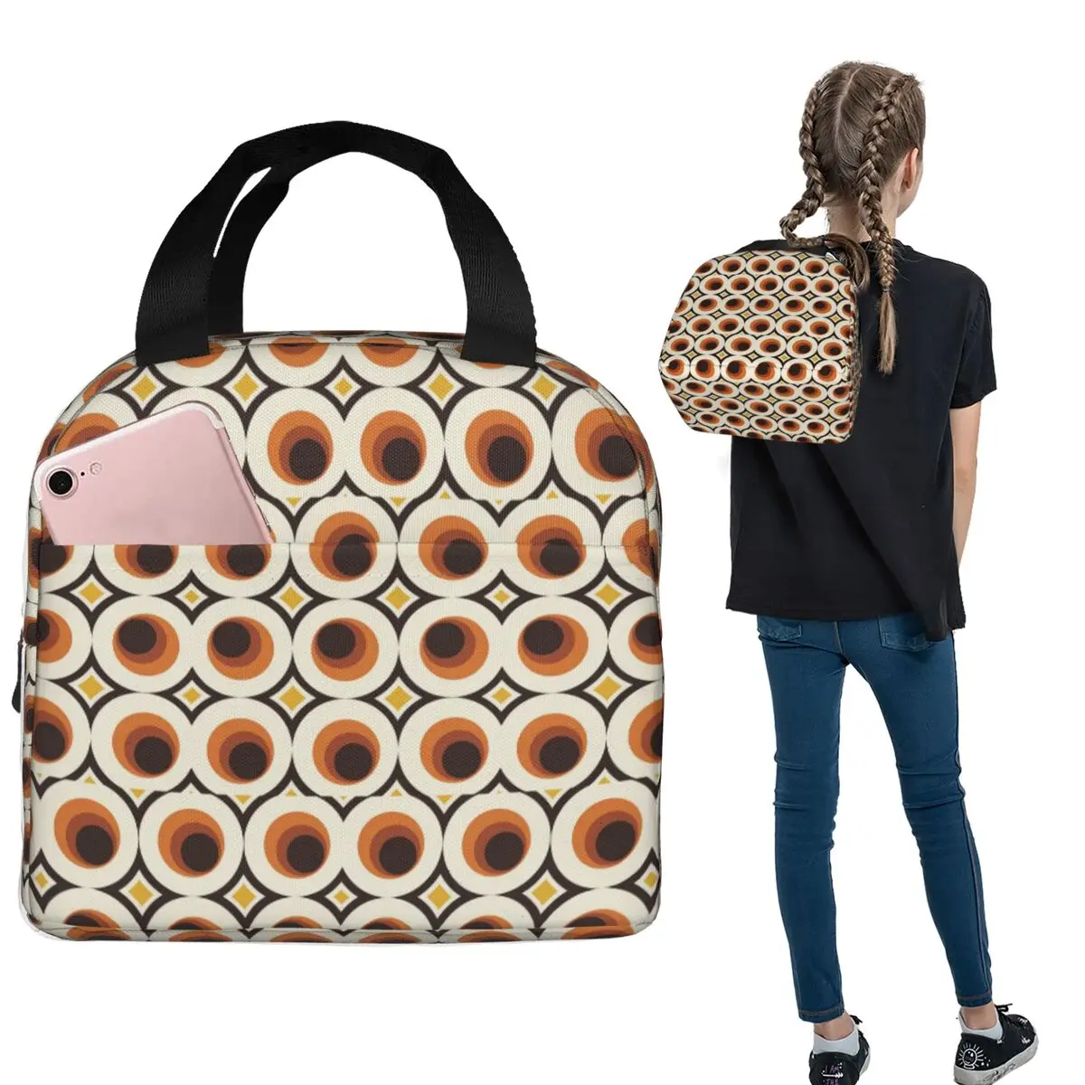 Orange Mid-Century Modern Circle Insulated Lunch Bag for Women Kids Leakproof Food Boxes Thermal Lunch Box Tote