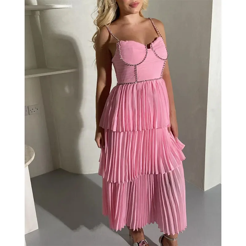 Elegante Zoete Roze Mouwloze Avondjurk Spaghettibandjes Met Kralen Geplooide Enkellange Prom Party