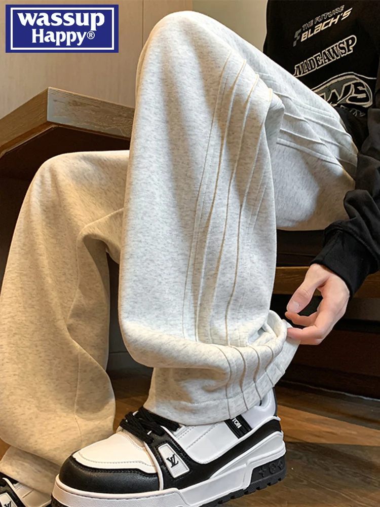 

Мужские повседневные широкие брюки Wassup Happy: осенне-зимние, в американском ретро-стиле, модные, свободные, длинные, удобные, из хлопка.