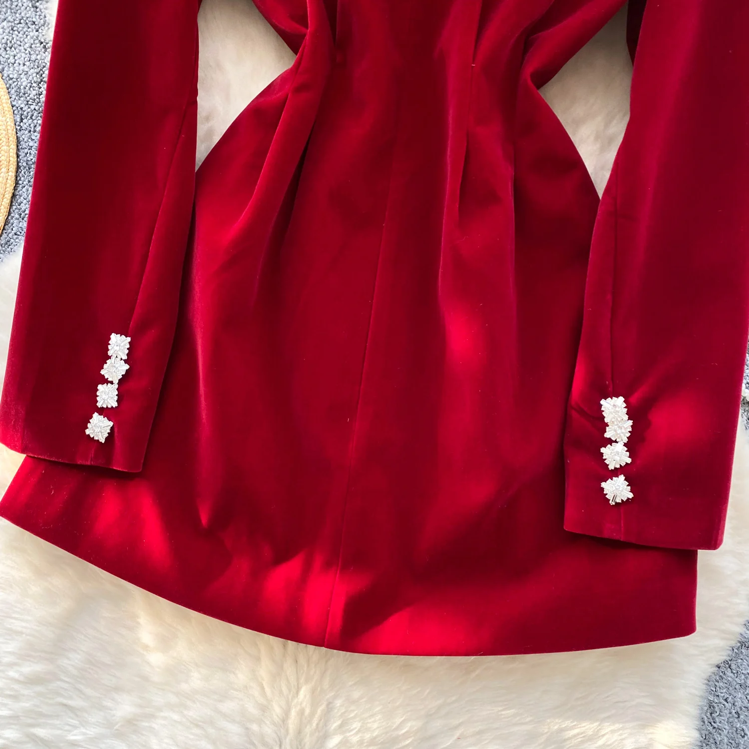 Élégant Chic col rond à manches longues velours français soirée haute rue femmes vêtements mini robe