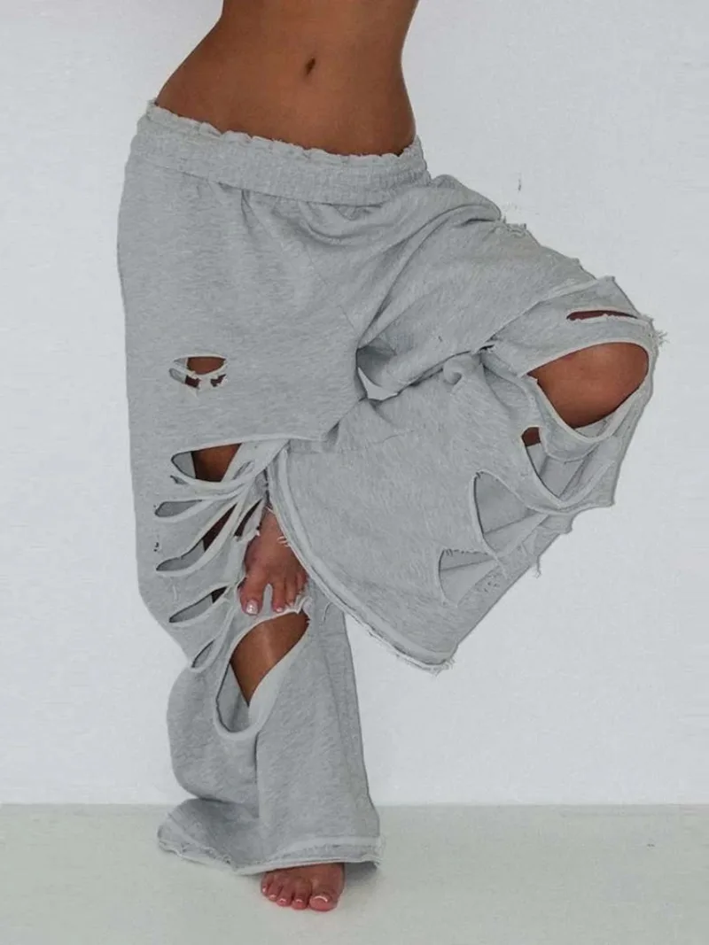 

2025 autumn new women's clothing solid color personalized ripped hole sanitary pants sports casual high waisted wide leg pants