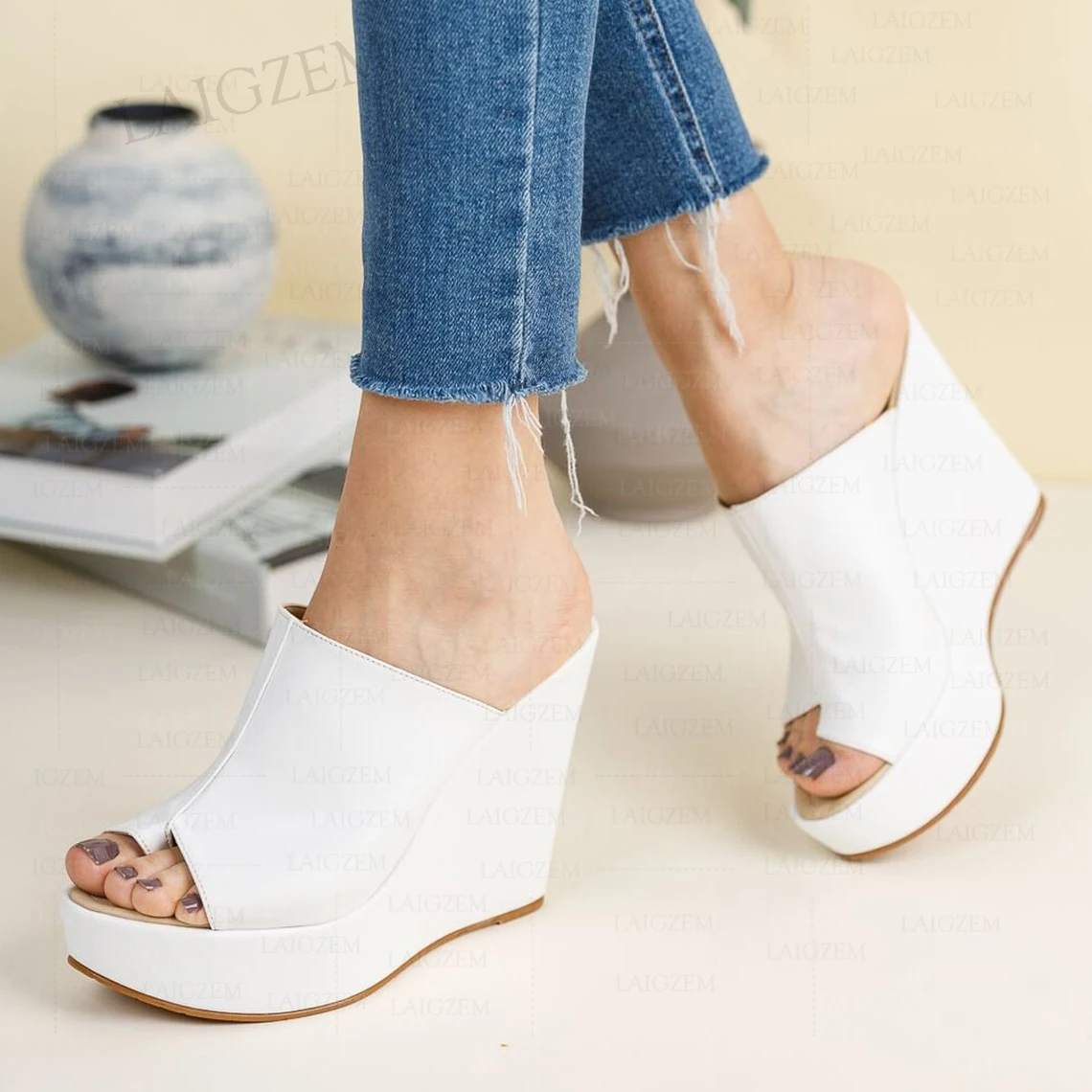 ZHIMA Women Pumps Wedges Platform Mules 12.5cm High Heels Sandals Slip On Height Increase Party Shoes Woman Big Size 41 43 48