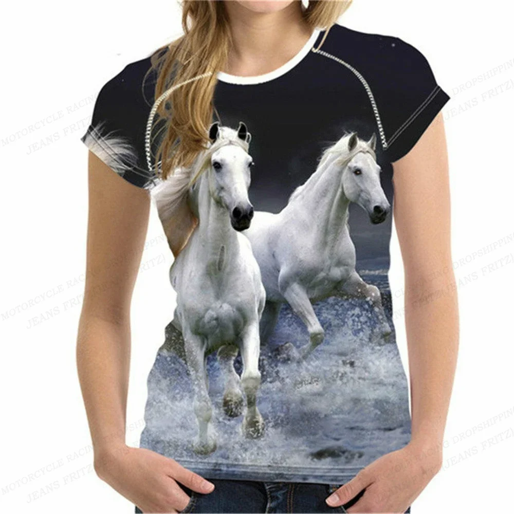 Camiseta con estampado 3d de caballo para mujer, Top de manga corta con cuello redondo de gran tamaño, ropa de animales para niña