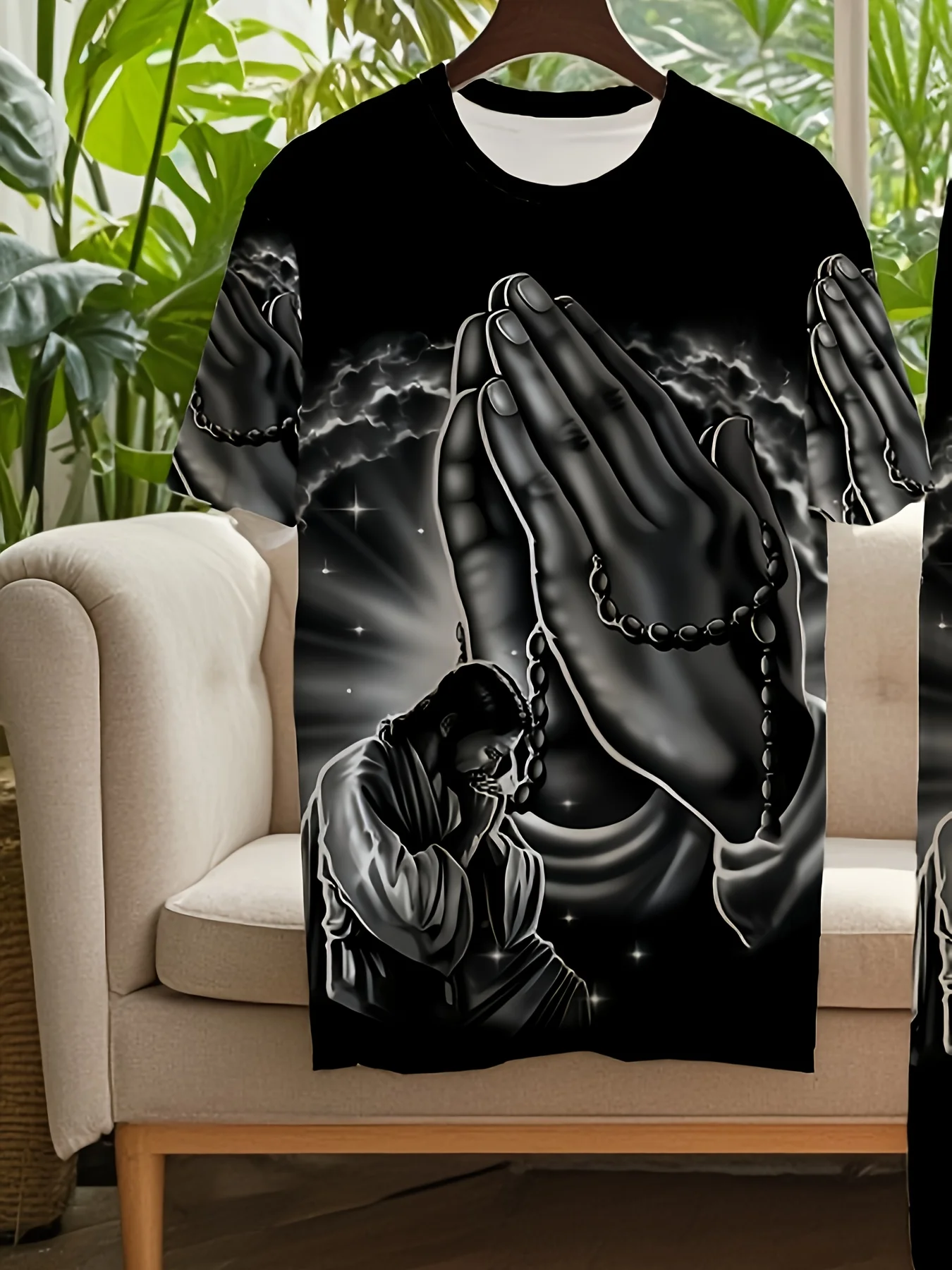 American Street Summer Men's Prayer Print Breathable Round Neck T-shirt Pants Set Outdoor Leisure High Street Two Piece Set