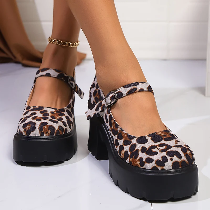 Leopard Print Platform Pumps Women Fahsion Buckle High Heels Mary Janes Woman Round Toe Chunky Heels Party Shoes Plus Size 42