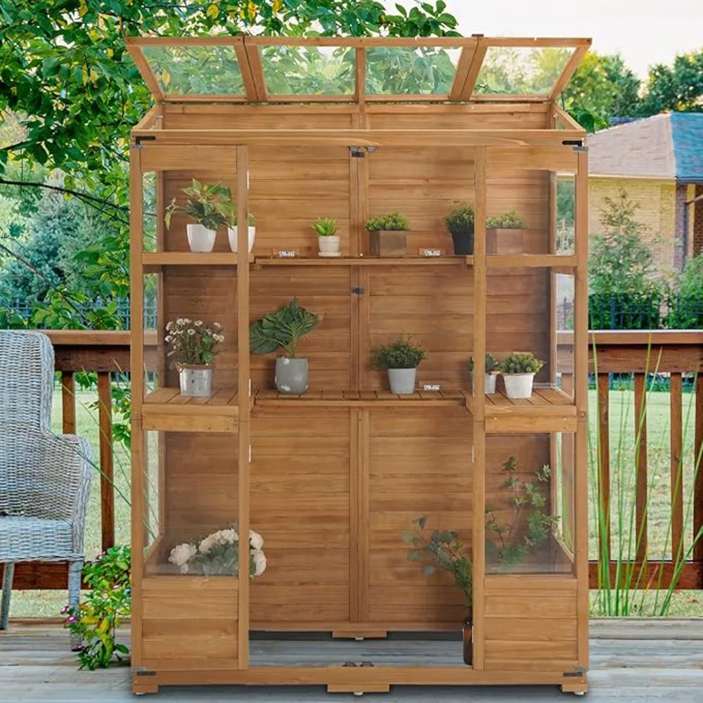 Wooden greenhouse with an openable roof and lockable door, a walk-in outdoor greenhouse