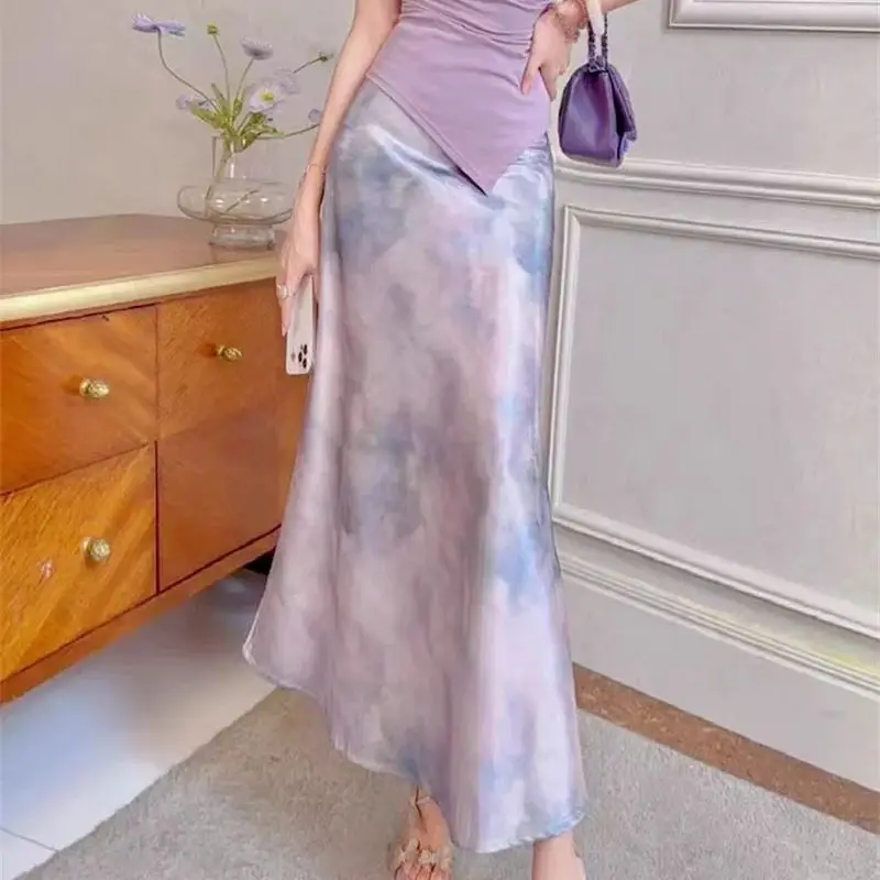 

Новая атласная тонкая юбка-русалка, женская модная летняя юбка с высокой талией и принтом тай-дай, офисные женские элегантные длинные юбки